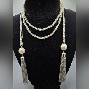 Scarf Necklace Open Ended Silver Tone Glass Pearls End Caps Chain Tassels